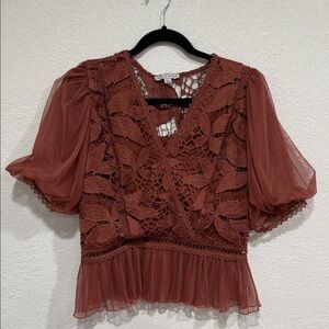 Boho Elegant Lace Puff Sleeve Flower Top in Rust